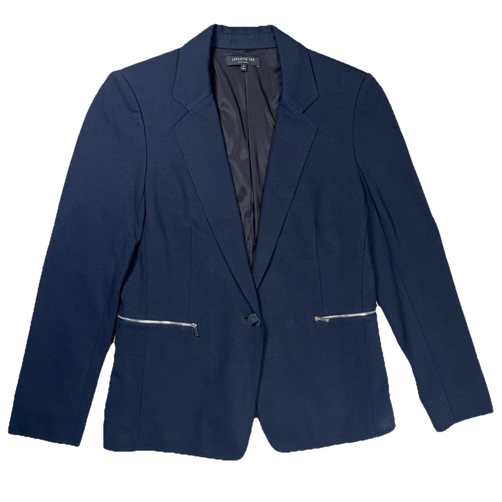 Lafayette 148 Dark Blue Punto Milano Lyndon One Button Blazer Sz 8 Career Jacket